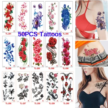 

Beauty 50Pcs Make up Fake Temporary Tattoos Stickers Rose Flowers Arm Shoulder Tattoo Waterproof Women Flash Tattoo on Body