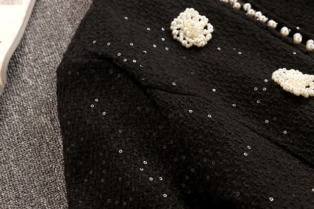 Высококачественный Женский шерстяной комплект осень-зима, женское черное твидовое пальто с бусинами+ черная шерстяная юбка, комплект из 2 предметов