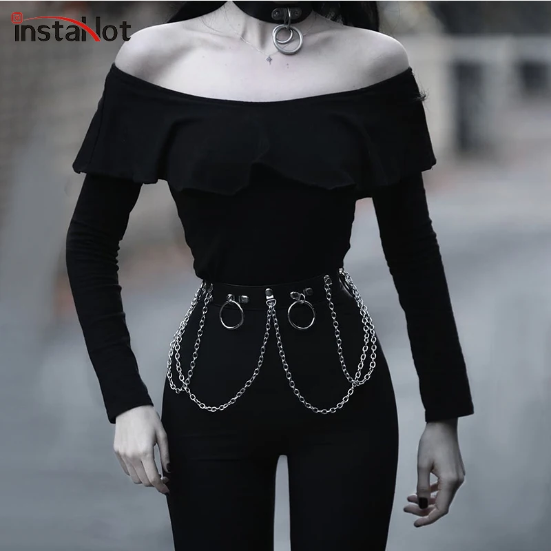 InstaHot, черная футболка с открытыми плечами и оборками, Женская Осенняя уличная футболка с длинным рукавом в готическом стиле панк, женская тонкая Однотонная футболка