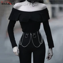 InstaHot, черная футболка с открытыми плечами и оборками, Женская Осенняя уличная футболка с длинным рукавом в готическом стиле панк, женская тонкая Однотонная футболка
