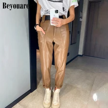 

Beyouare Faux Leather Trousers Vintage Casual PU Women High Waist Big Pockets Straight Pant 2020 Autumn Elegant Lady Pant Capris