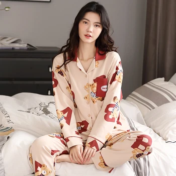 

BZEL Cartoon Bear Print Pajama Sets Women Sleepwear Cotton Soft Pijama Feminino PJ Women Girls Pyjama Soft Clothes For Home Suit