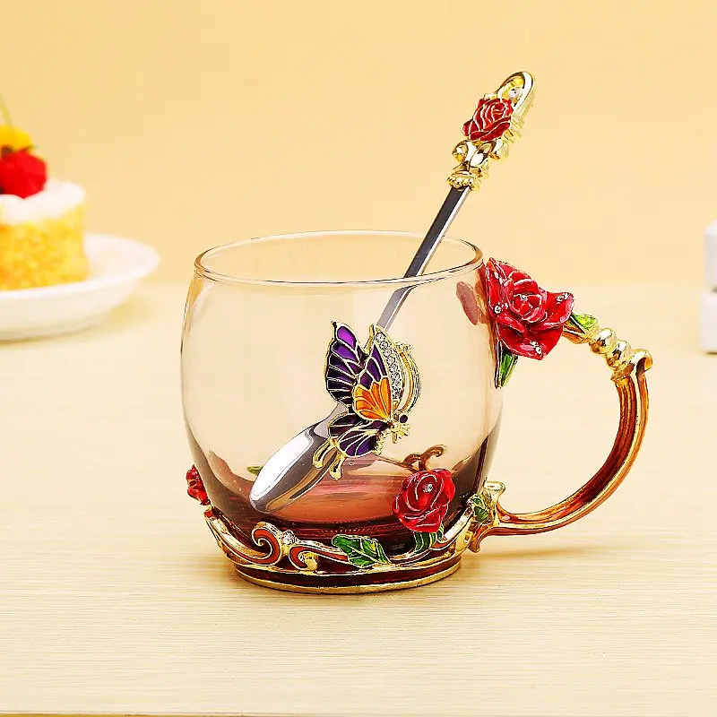 Red roses 320ML Красная синяя Роза, эмаль, Хрустальная чайная чашка, кофейная кружка, Бабочка, роза, окрашенные цветы, чашки для воды, прозрачное стекло с ложкой, набор, идеальный подарок - Цвет: Red roses 320ML
