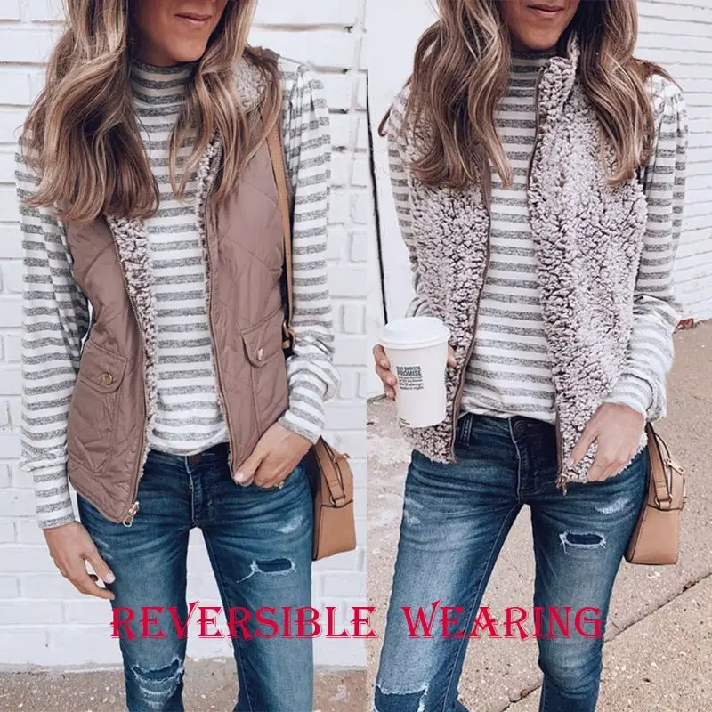 Koop Vrouwen Winter Twee weg Pluizige Omkeerbaar Winddicht Vest Jas 2019 Lady Mouwloos Uitloper Thicken Warme Pocket Vest Jas