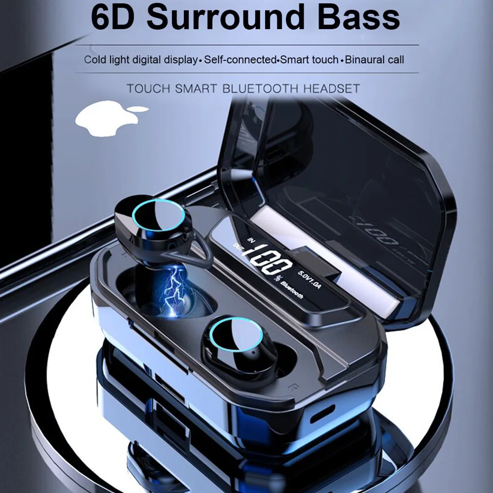 G02 Bluetooth Earphone 9D Stereo Wireless Earphones BT5.0 Twin IPX7 Waterproof Earphones 3300mAh LED Digital Smart Power Bank