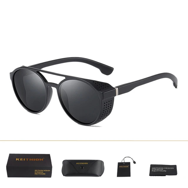 KEITHION Retro Round Polarized Sunglasses Steampunk Men Women Brand Designer Glasses Oculos De Sol Shades UV Protection Black
