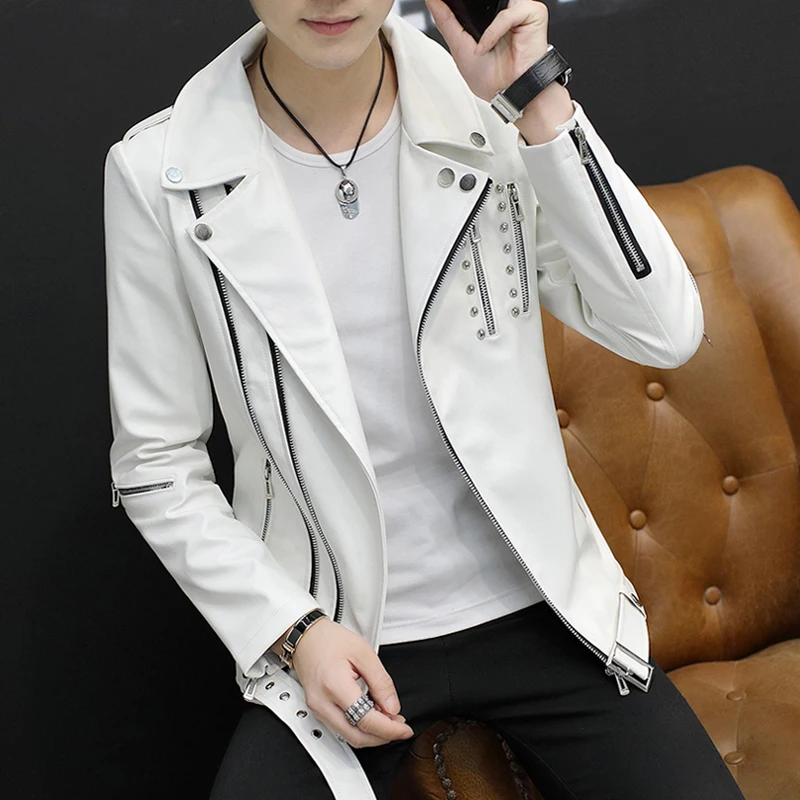 

2023 men's personality and handsome motorcycle PU leather jacket youth lapel rivet diagonal zipper trendy slim leather jacket