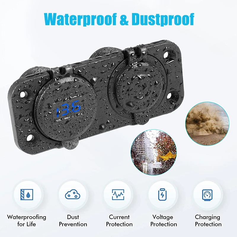 Quick Charge 3.0 Cigarette Lighter Outlet Waterproof 12V/24V Dual USB Car Socket with LED Voltmeter Touch Switch for Car RV Boat 3