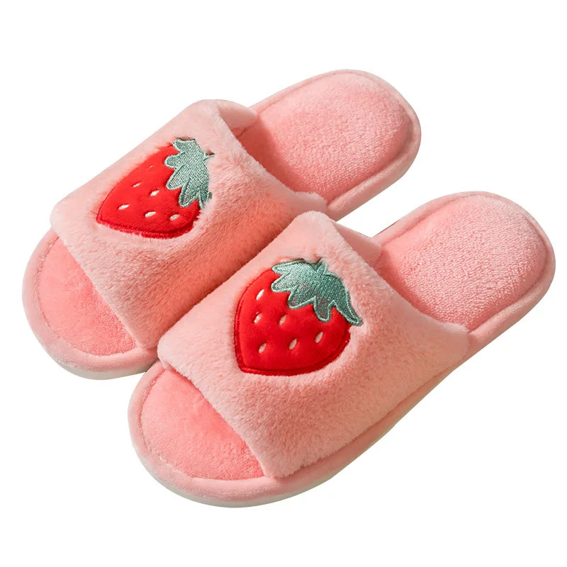 Cute Cartoon Fruit Pattern Home Women Fur Slippers Winter Plush Ladies Flats Shoes Strawberry Pineapple Furry Slippers Female