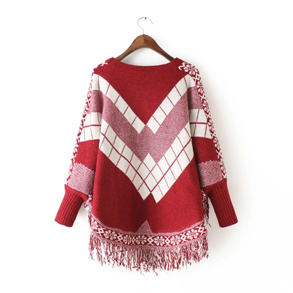 JAYCOSIN New Women Elegant Loose Sweaters Cloak Tassel Bat Sleeve Warm Soft Knitted Angyle Printed Pullover Tops Office Lady 126