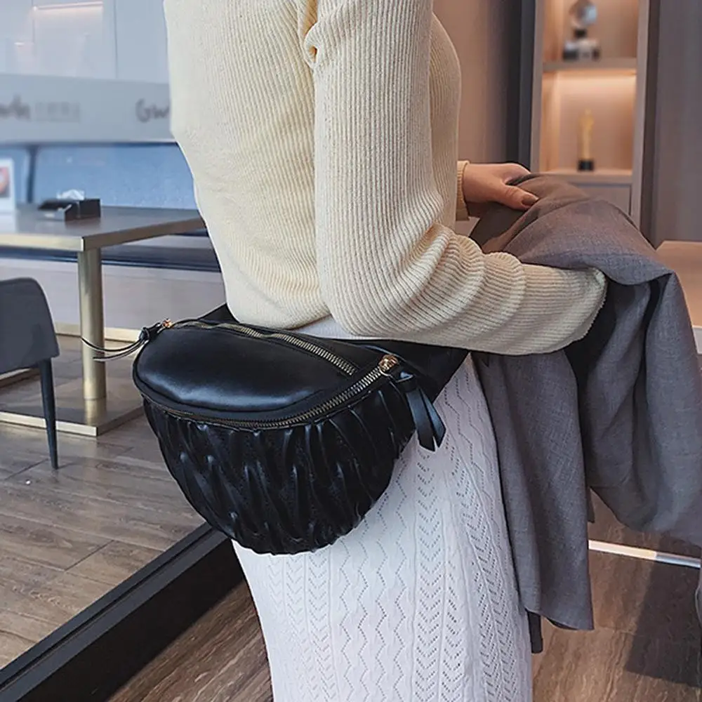 

2019 Fashion Women PU Fanny Pack Zipper Messenger Chest Bag Kidney Waist Bag Belt Bag For Women Fold Banana Bag Purse a20