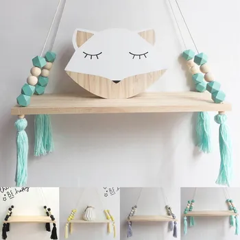 

Hot Hanging Style Kids Baby Room Wooden Beads Tassel Wall Shelf Room Storage Organization swing shelf Wall Hanging Decoration