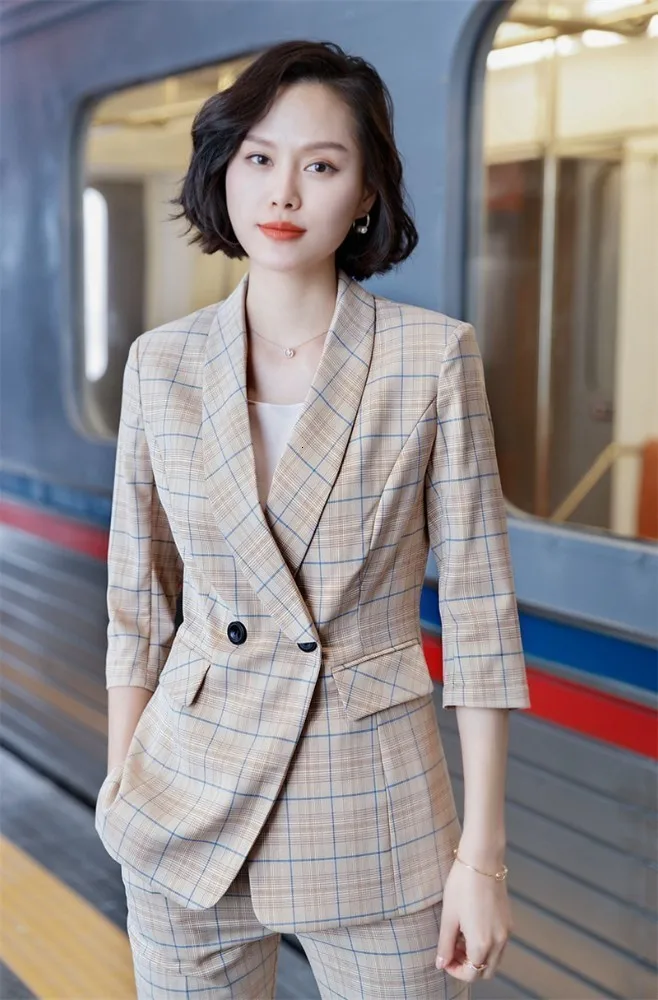 Novelty Apricot High Quality Fabric Uniform Designs Women Pantsuits Jackets And Pants For Ladies Blazers Pants Suits With Belt