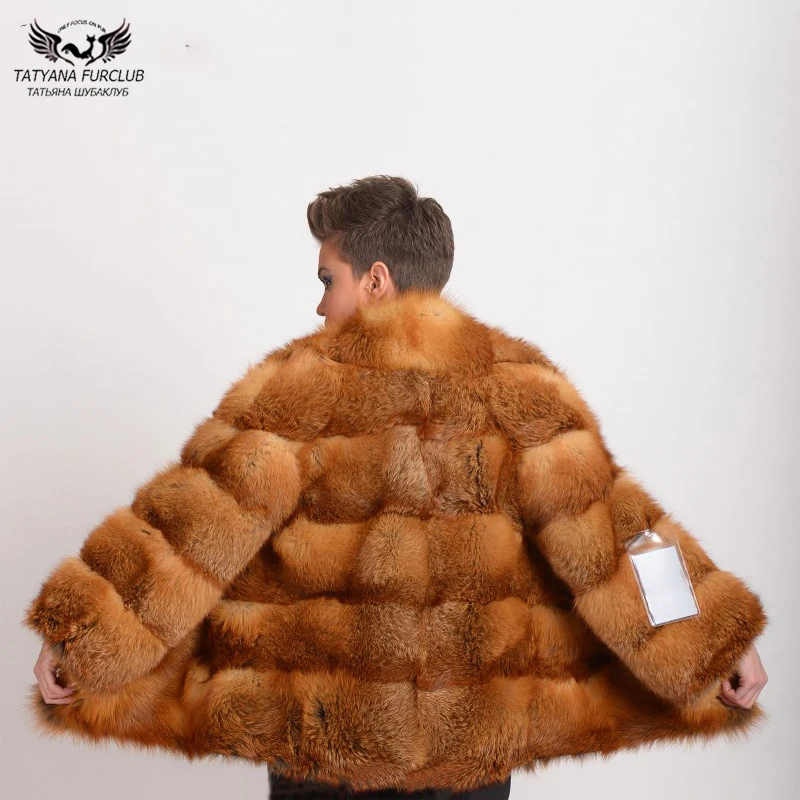 Tatyna Furclub Женское зимнее натуральное Золотое пальто из лисьего меха с отложным воротником 65 см Высокое качество Толстая теплая куртка из лисьего меха