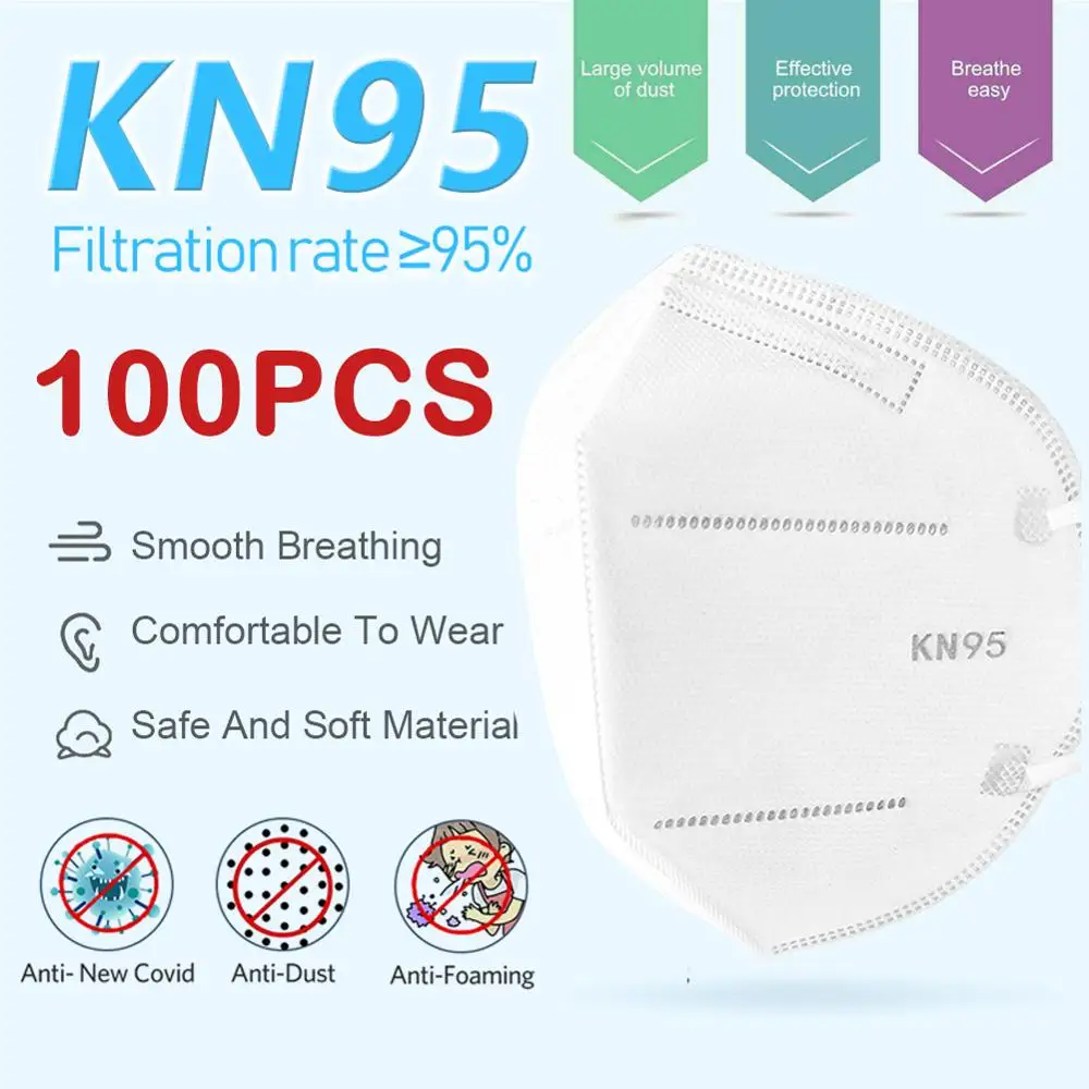 

100PCS KN95 Face Masks Effective Filtration Rate 95% PM2.5 Anti Bacteria Dustproof Covers Protective Fold Face Nose Mouth Muffle