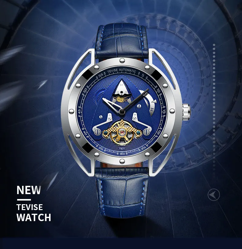 Tevise водонепроницаемые Tourbillon Мужские автоматические механические часы спортивные Топ брендовые модные синие мужские наручные часы Relogio Masculino