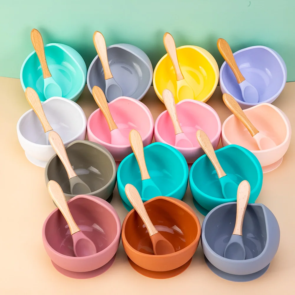 Детская развивающая чаша для кормления деревянная ложка на присоске тарелка тренировочная посуда малышей