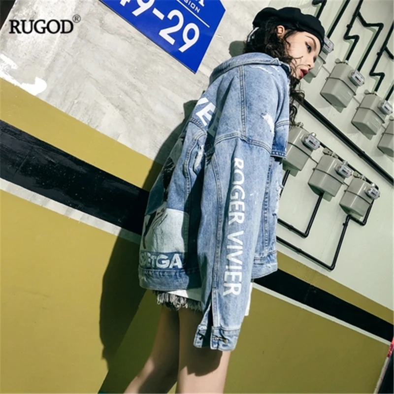 RUGOD/Новинка года; Осенняя Женская свободная джинсовая куртка с надписью сзади и принтом в стиле панк; пальто оверсайз; шикарная корейская модная куртка