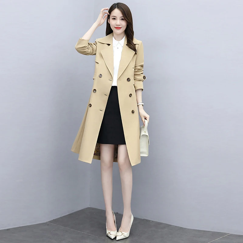 

New Solid Trench Coat For Women Autumn Mid-Length Double-Breasted Turn-Down Collar Belt Fashion A-Line Jacket Fall 2020 Women