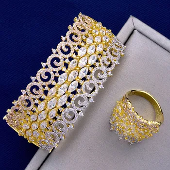 

Zlxgirl jewelry Luxury Big Pave Cubic Zirconia Copper bangle with ring Geometry Party Wedding Saudi Arabic Dubai Bangle Ring Set