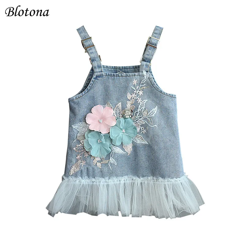 Blotona Little Girls Casual Princess Dress Blue Denim Floral Pattern Square Collar Off-the-shoulder One-piece Sundress 2-7Years | Детская