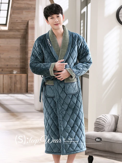 Men's Winter Letter Jacquard Bathrobe Home Clothes Long Sleeved Flannel  Quilted Robe Coat Male Keep Warm Long Bath Robes XXXL - AliExpress