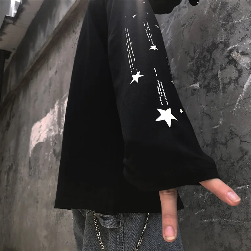 Harajuku Звезда Светоотражающая женская футболка с круглым вырезом с длинным рукавом Повседневная Свободная Женская футболка Топы уличная Осенняя унисекс