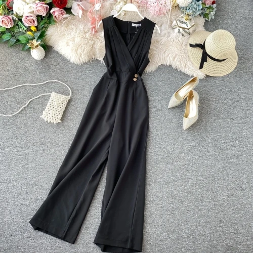 Черный Летний женский комбинезон, модный, темпераментный, v-образный вырез, без рукавов, комбинезон, широкие штаны, женский комбинезон, повседневный комбинезон - Цвет: Черный