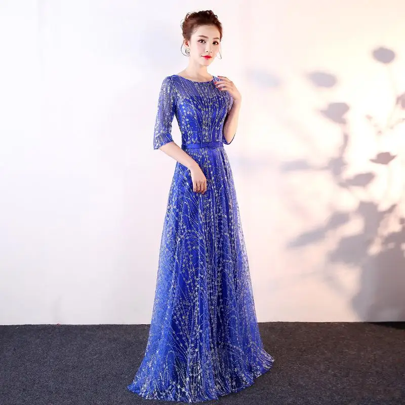 Элегантное женское Платье макси с круглым вырезом, Cheongsam, блестки, тонкое вечернее платье, Qipao пояс, полная длина, сетчатые платья - Цвет: Синий