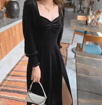 

2020 Hepburn Wind Cardiac Black Dress Slit Square Collar Dress si rong qun Black and White with Pattern Formal Dress Slimming Lo