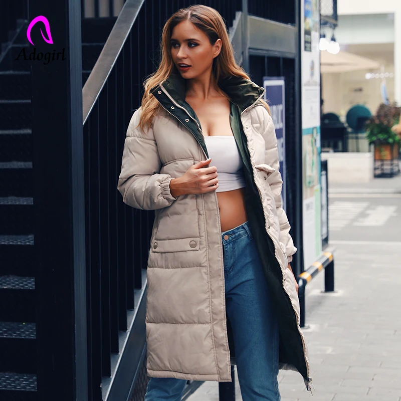 

Solid Thicken Zipper Long Down Coats Women Casual Long Sleeve Button Up Warm Cotton Coats Female Hardy Jackets New Hooded Bomber