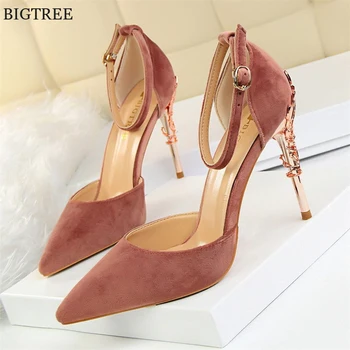 

BIGTREE Elegant Flowers Carved Metal Heels Women Sandals Buckle Shallow Women's High Heels Shoes Pointed Toe Wedding Shoes
