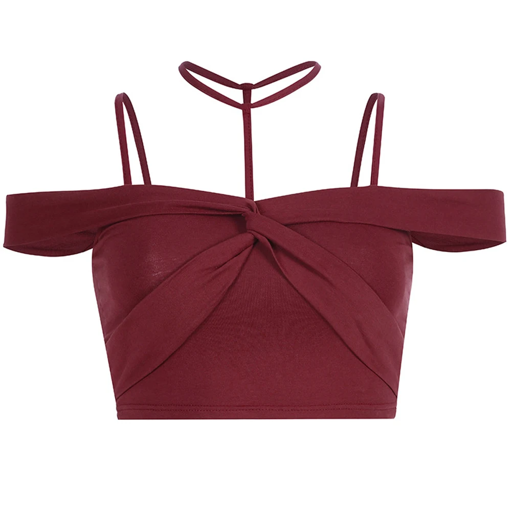 Breathable Halter Neck Cropped Sleeveless Club Solid Summer Strap Off Shoulder Women Tops Vest Crochet Fashion Sexy