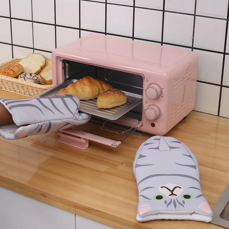 1 Pair Cartoon Animal Cat Paws Oven Mitts Heat Resistant Non-slip Long Microwave Gloves Cotton Kitchen Baking Insulation Gloves