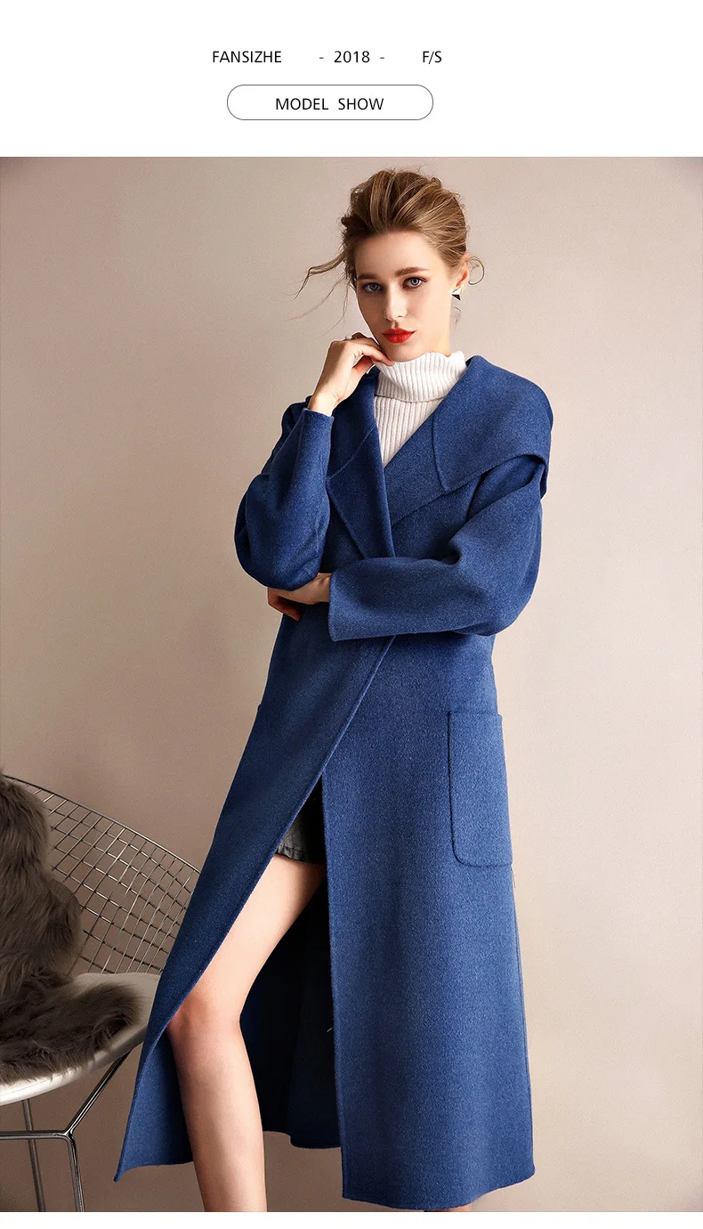 Winter Woman Coats Double-faced Cashmere Coat New Long Thin Solid Color Hooded Woolen Coat Female Jacket Wool Coats