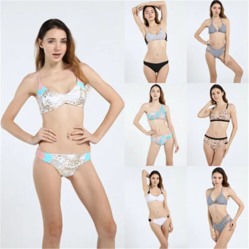 

Bikini 2019 Summer Swimwear Women Solid Swimsuit Bathing Suit Black Patchwork Plaid Monokini Female Beach Two-Piece Bikini Set