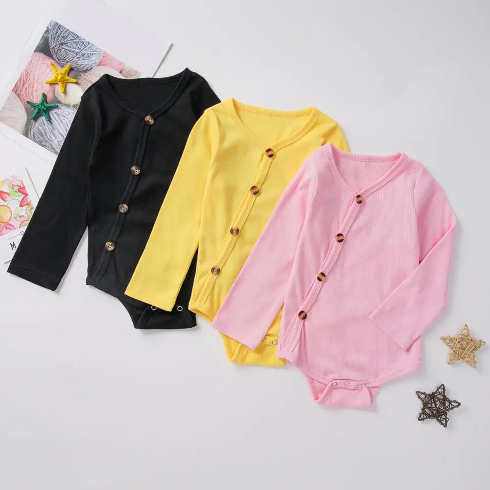 Fashion Autumn Baby Bodysuits Boys Girls Solid Color Long Sleeve Romper Button Jumpsuit