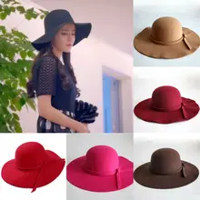 Модные женские фетровые шляпы с широкими полями и бантиком, шерстяные солнцезащитные кепки