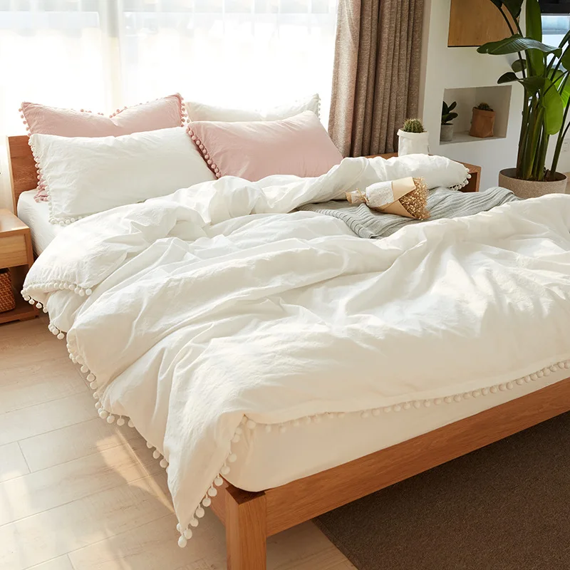

Kawaii Washed Ball Duvet Cover Set White Pink Bedding Set Comforter Bedding Set Queen XB01#