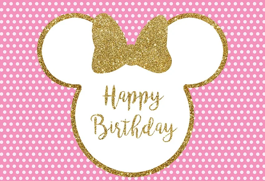 7x5FT Happy Birthday Party Gold Sequins Bow Pink Mickey Minnie Mouse Spots Custom Photo Backdrop Background Vinyl 220cm X 150cm |