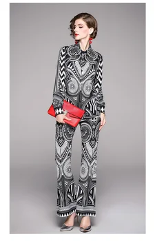 

Fashion Designer Two Piece Twinest Set Women Vintage Black Geometry Printed Blouse Shirt + Wide Leg Bell-bottom Long Pant Set