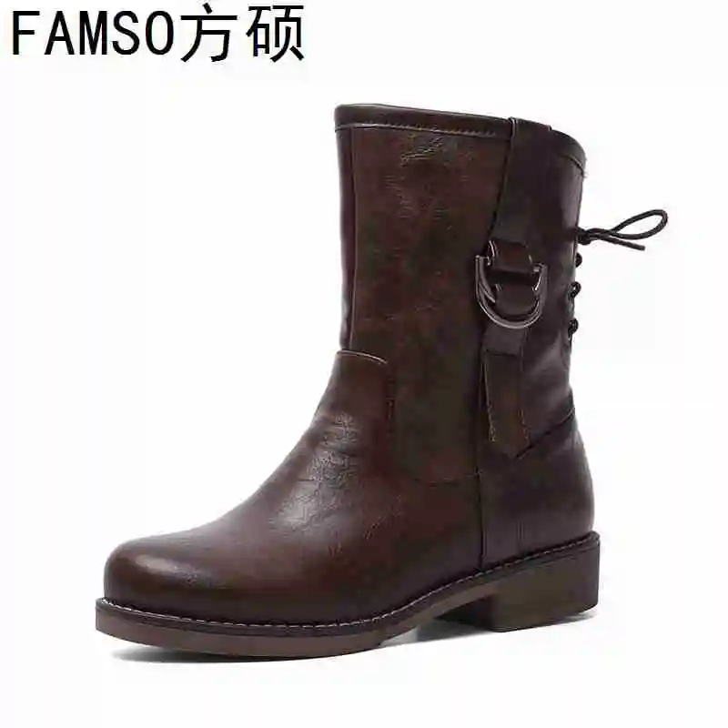 

FAMSO 2019 Shoes Women Boots Black Brown Lace-up Size 34-43 Retro Style Riding Boots Winter Waterproof Martin Boots Heels
