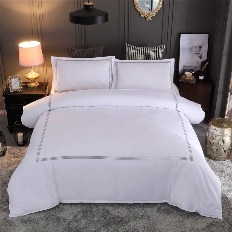 

HM Life Duvet Cover Sets 3 Pcs Solid White Embroidered Brief Style Bed Sheet Set Pillowcase Soft Queen King Size Hotel Bedding