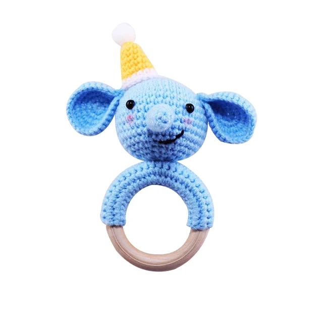 Bopoobo 1pc Baby Rattles Crochet Bunny Rattle Toy Wood Ring Baby Teether Rodent Baby Gym Mobile Rattles Newborn Educational Toys Blue elephant