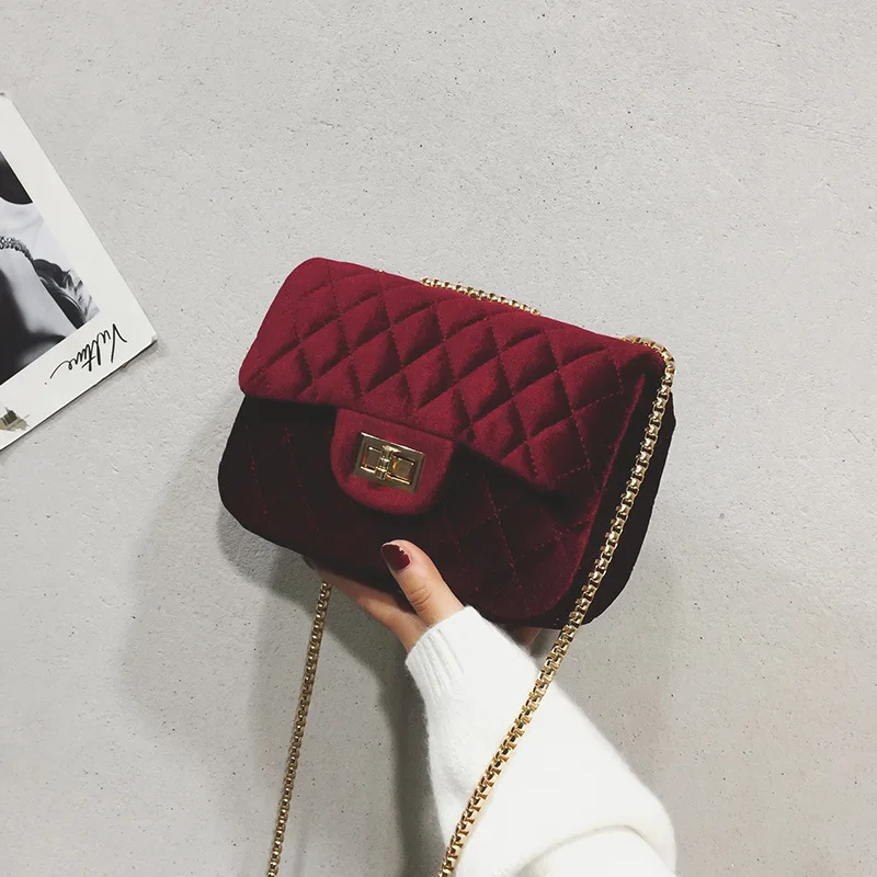 

Bags2019 Winter New Products Korean-style Fashion Gold Velvet Rhombus Chain WOMEN'S Bag Square Oblique Shoulder Bag Bag