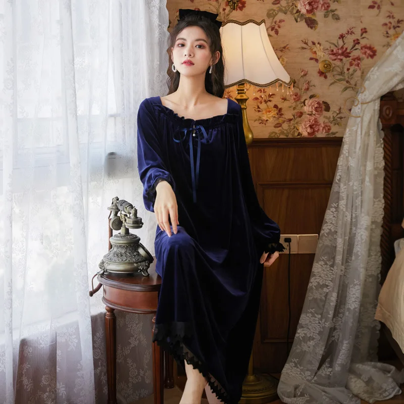 

FZSLCYIYI Autumn Palace Style Sexy Square Collar Women Velour Nightgown Nightdress Casual Long Sleeve Loose Warm Sleepwear