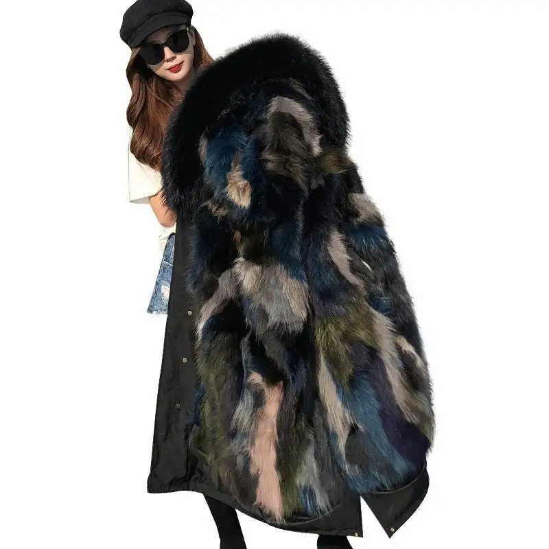 Женское зимнее пальто с натуральным мехом, Женская Большая куртка с натуральным лисьим меховым воротником и капюшоном, Толстая теплая длинная парка с натуральным лисьим мехом, верхняя одежда N151