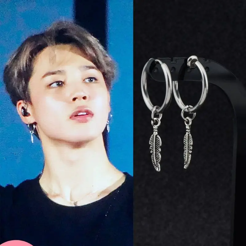Hip Hop Kpop Boy Leaf Titanium Feather Pendant Hoop Drop Earrings