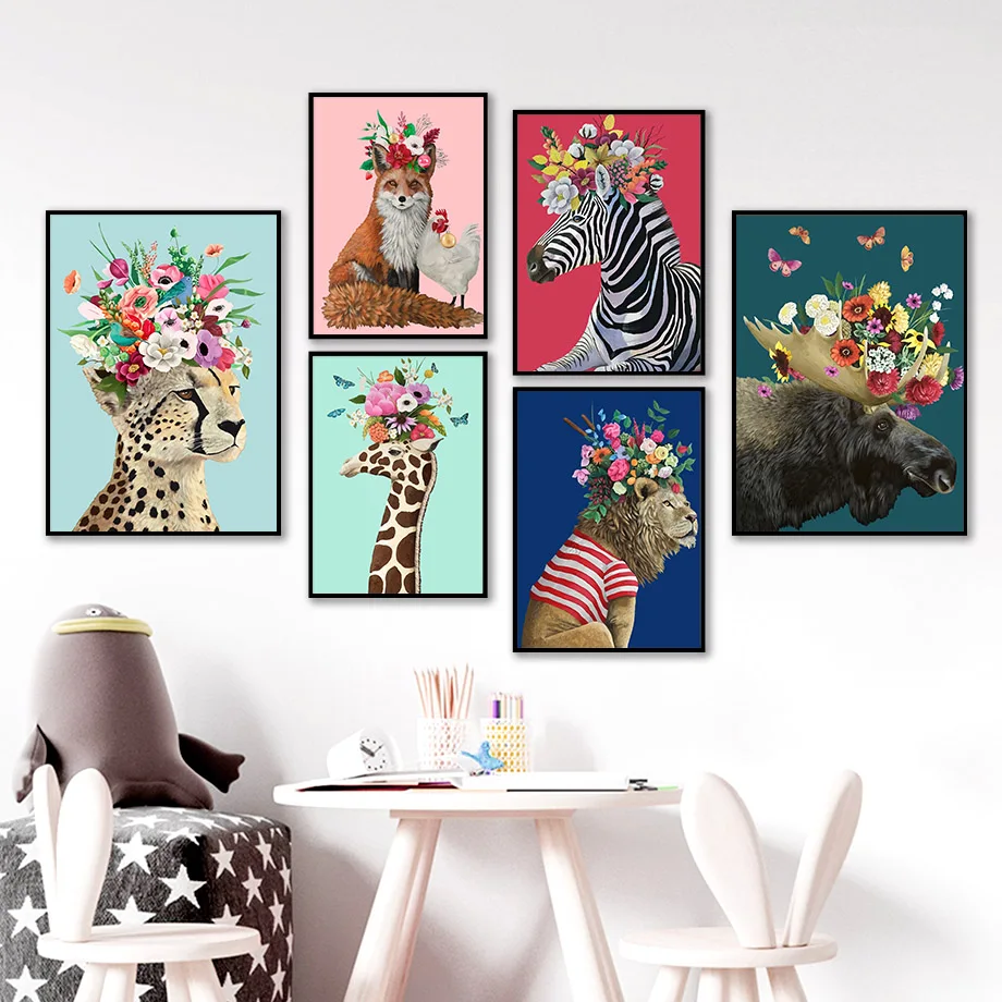 Colorful-Leopard-Giraffe-Lion-Fox-Flower-Crown-Wall-Art-Canvas-Painting-Nordic-Posters-And-Prints-Wall (2)