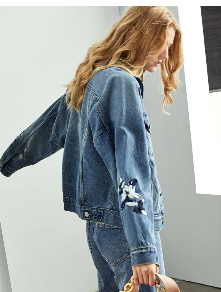 Amii Minimalist Fashionable Casual Coat Fall New Loose Washing Water for Old Embroidered Jeans Jacket
